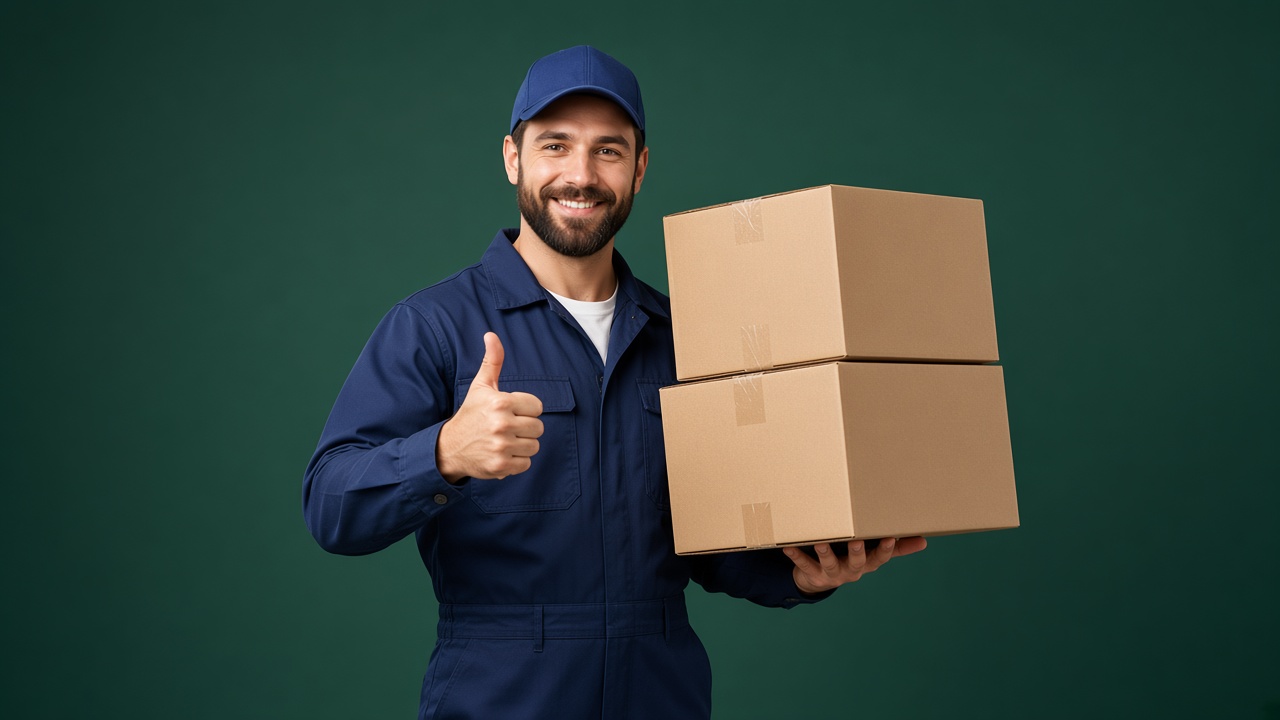 Courier holding stacked shipping boxes