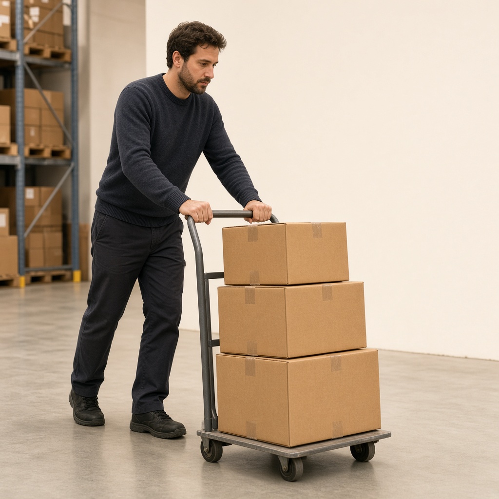 Courier moving a trolley of parcels